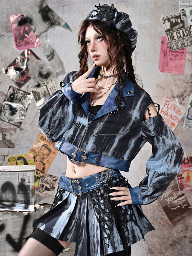Grunge Punk Rock Blaue Cutout-Ärmel Tie Dye PU-Motorradjacke mit kostenlosem Gürtel