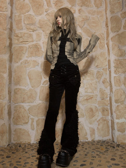 Block Khaki Top with Cross Knit Punk Wear Trapezoidal Two-Way Black