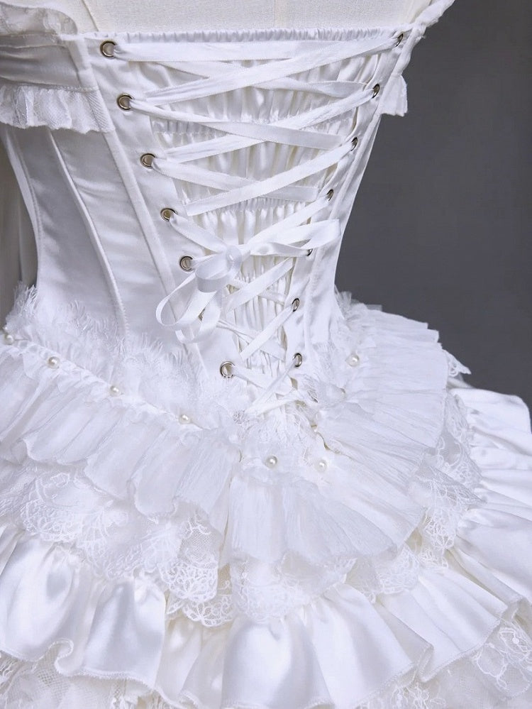 White Lace-Up Lolita JSK with Brooch and Overlays - Airfreeing