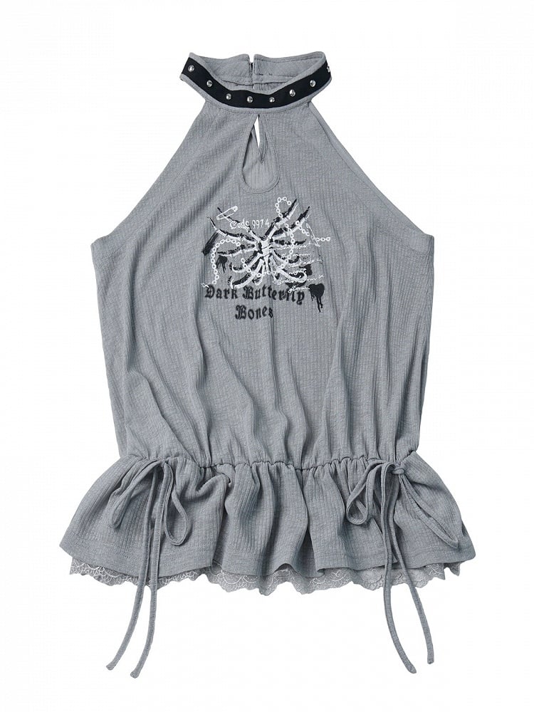 Skeleton Print Gray Studded Halter Sleeveless Peplum Top - PINK SAVIOR