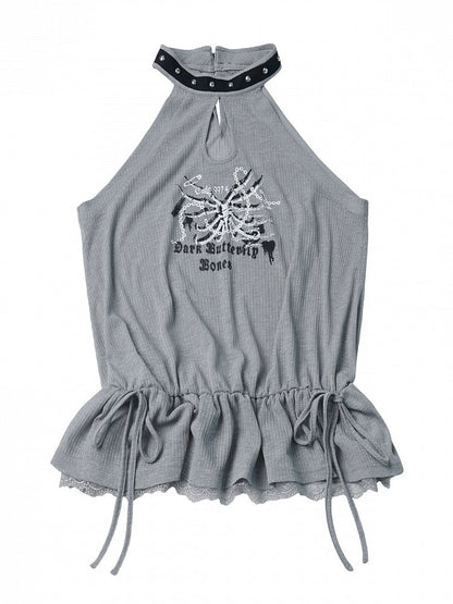 Skeleton Print Gray Studded Halter Sleeveless Peplum Top - PINK SAVIOR