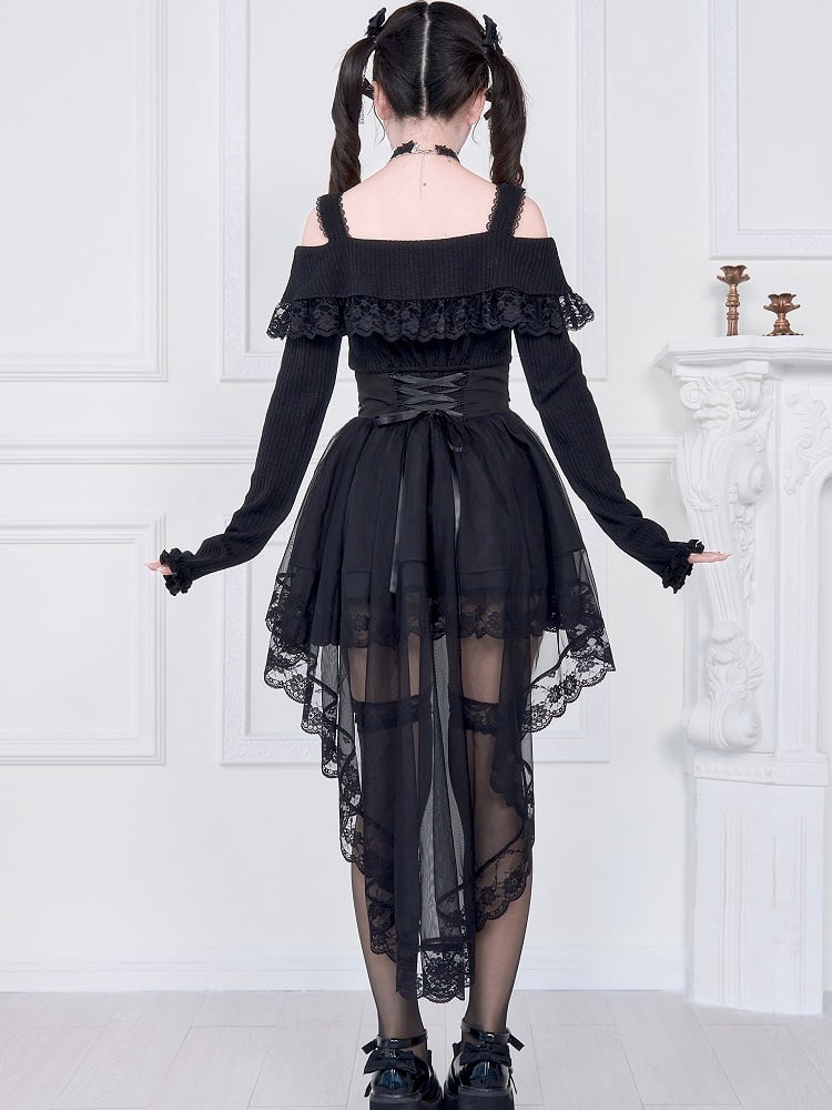 Inverted High-Low Two-Piece Waist Basque Black with Kei Dress: Jirai Off-Shoulder Faux Hem