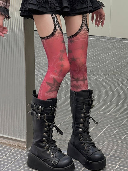 Red Star Leopard Print Spitzenbesatz Strapsstrumpfhose LW057