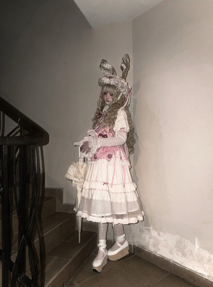 Cream Layered Ruffle High Waist Sweet Lolita Dress with Tulle Hem - Bodhi Original Design