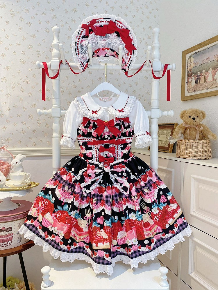 und süßes schwarzes Erdbeer-Dessert-Kleid mit Lolita-Print