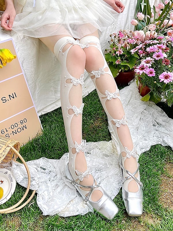 3D Cutout Black/White with Decorations Design Butterfly Stockings