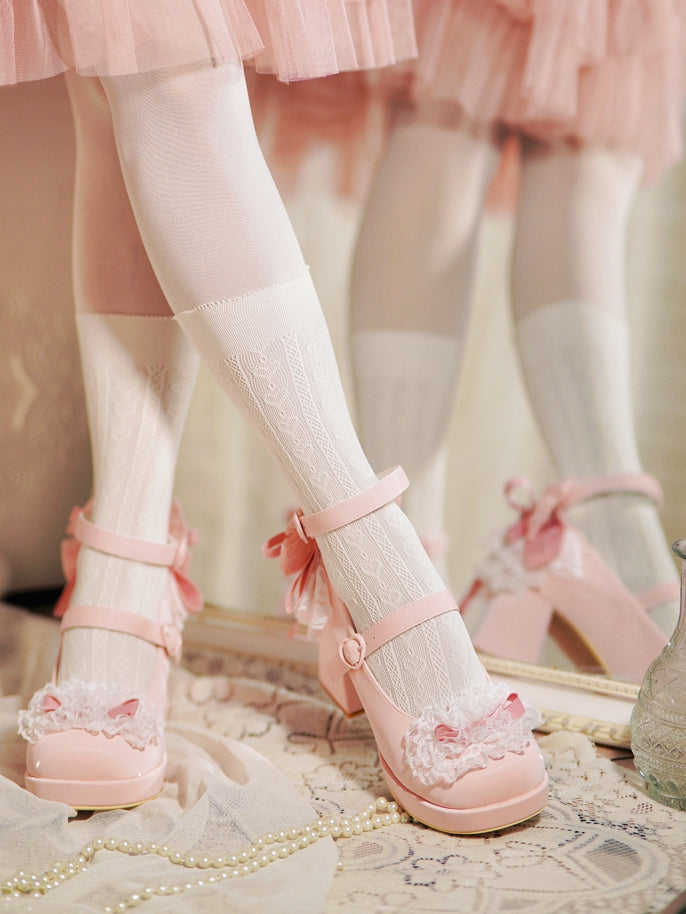 Rosa High Trim Lace Heels Herz Top Schleife an Block Schnallen geknotet