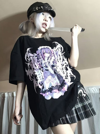 ブラック ジライ 漫画ガール ラウンド ケイ Tシャツ プリント ネック