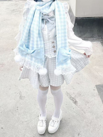 Scarf Trim Beaded and Kei Jirai Blue Plaid Pompons Bowknots White Light Lace with