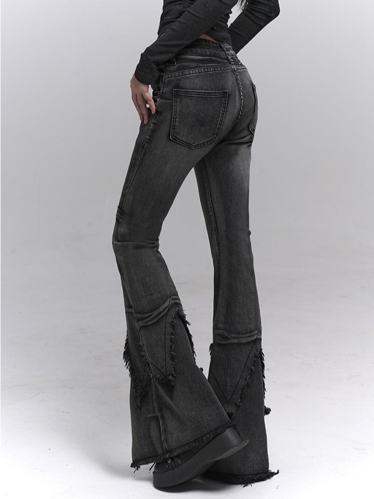 Hem Black-Grey Jeans Raw Inverted Wash Design Vintage Flared Triangle with