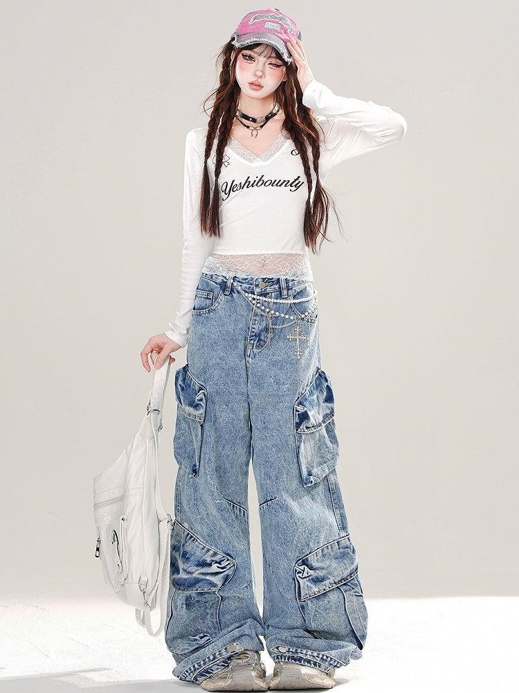 Wide-leg Pockets Cut Blue Cargo Design Jeans