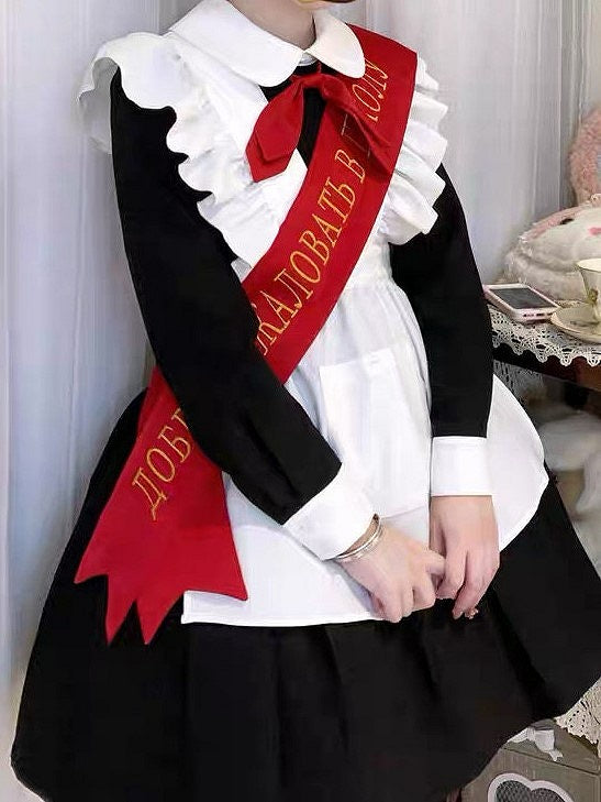 Red Black Bow Full Pleated Embroidered Maid Tie Ribbon with Sleeves Set + Lolita Apron Long Dress