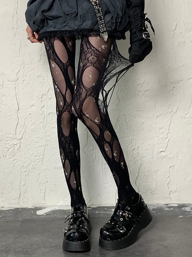 Florale Y2K Strumpfhose Schwarzes Muster