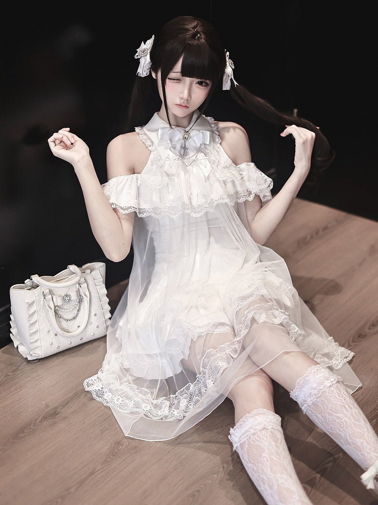White Landmine Style Cutout Shoulder Dress with Sheer Overlay, Lace and Bow Tie - Ekomi