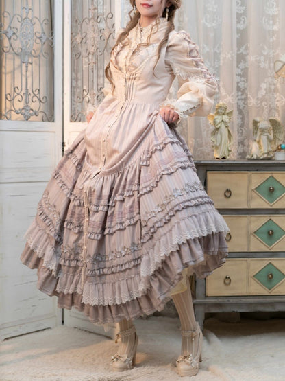 Lily Embroidery Applique Layered Hem Purple Classic Lolita Dress Front Button Placket