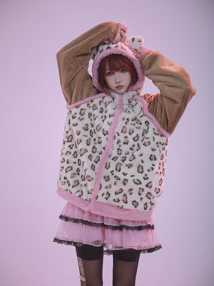 Braune und rosafarbene Plüschjacke mit Kapuze und Kätzchenohren im Leopardenmuster