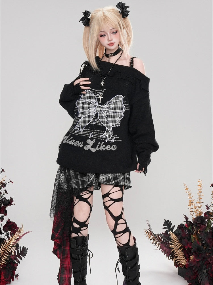 Pink/Black/White Bowknot Applique Asymmetrical Neckline Sweater Distress Trim