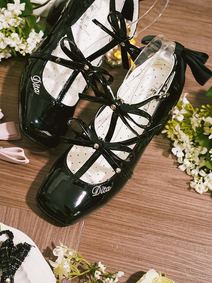 Polished T-strap Accents Shoes Design Bow Middle Heels Toe Square Elegant Black Lolita with