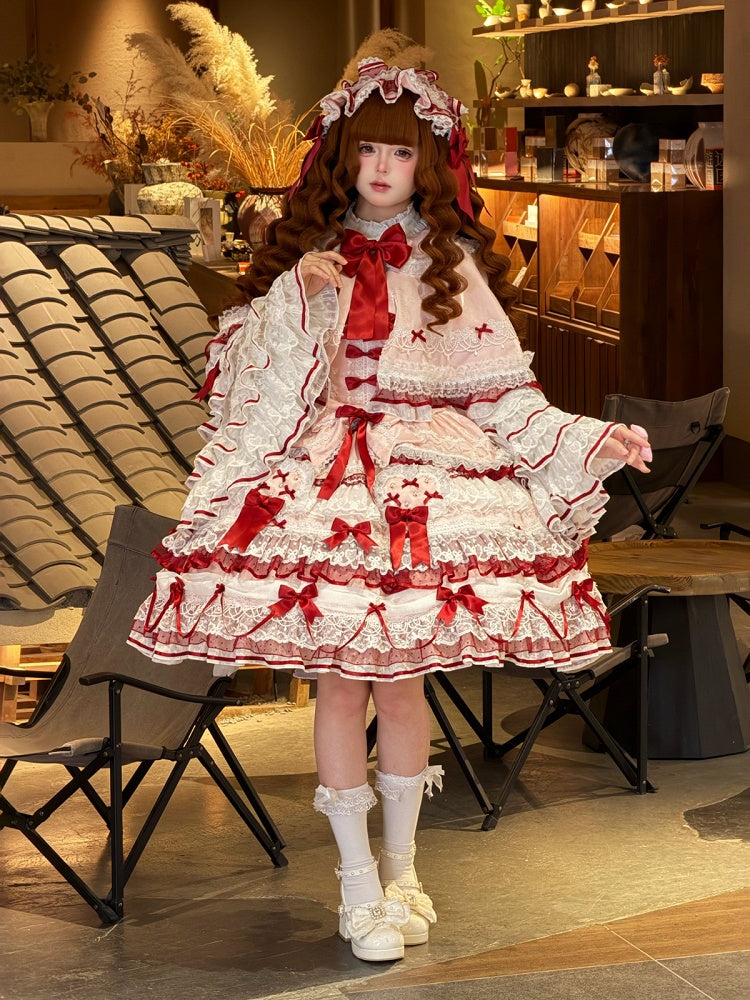 Pink Shimmering Ruffled Cape with Red Small Bows - Starry Messenger