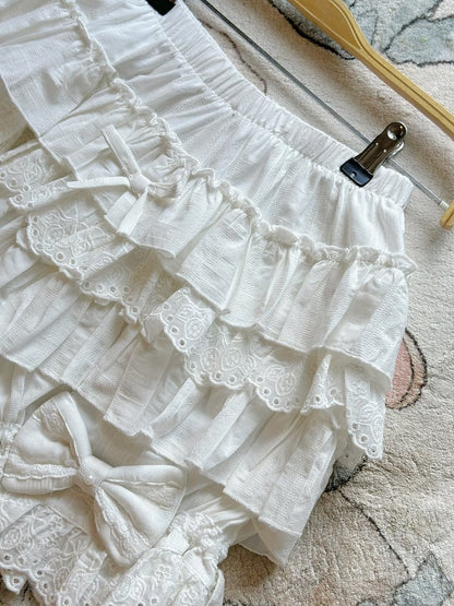 White Lolita Cotton Bloomers Tiered Ruffles Bow Accents - Jelly Girl