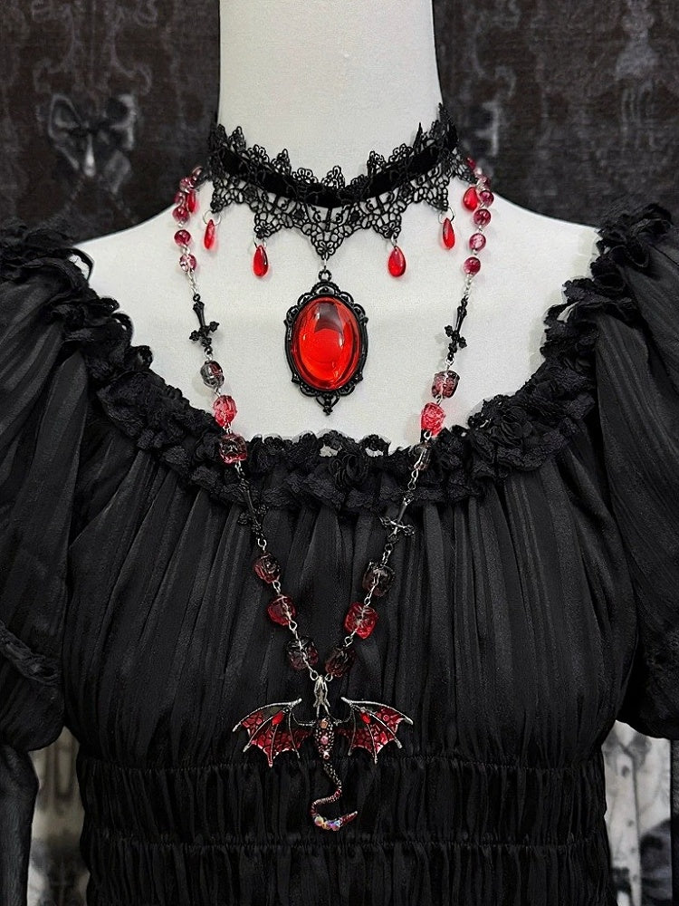 Black Gothic Lace Rhinestone Choker in Two Tones - Boobi Shop