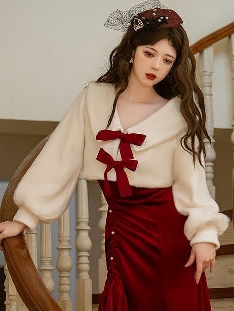 V-Neck White Lolita Coat with Bowknots Red
