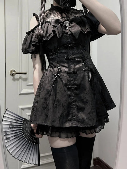 チャイナドレス + イリュージョンジライネックラインミニドレス ボウタイケイショーツセット - ブラックスタイル + ベルスリーブ