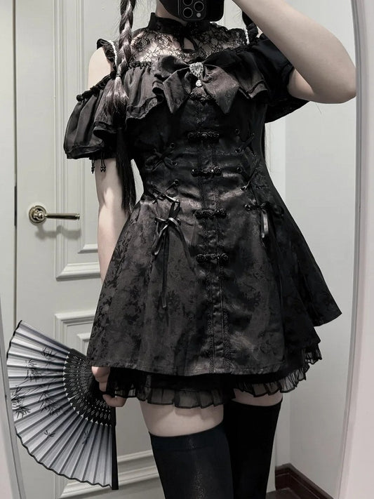 チャイナドレス + イリュージョンジライネックラインミニドレス ボウタイケイショーツセット - ブラックスタイル + ベルスリーブ