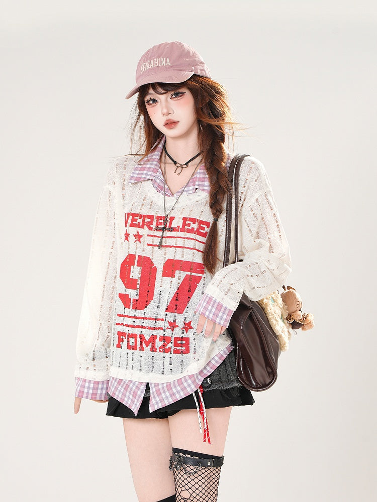 Faux Gray/White Holes Two-pieces Distressed Coverup Plaid Hem