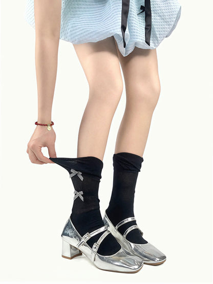 Bowknot Socks Slimming Black/White/Gray Breathable Decorated
