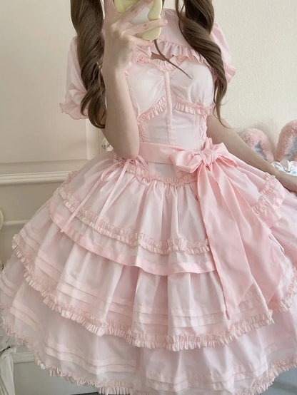 Accents Bolero + Pink Set Dress Flower Top Ruffle Boned Layered Lolita JSK with
