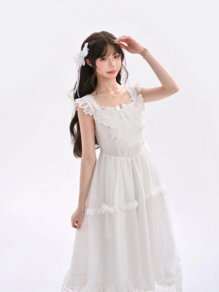 Mesh Overlay Detail with Sweet Dress White Flutter Sleeves Butterfly Neckline