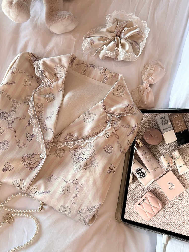 Satin Pajama Lace with Cat Lining Trim Set Print Fleece