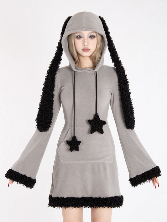 Y2k Gray Bunny Ear Hood Bell Sleeves Plush Trim Dress with Star Straps