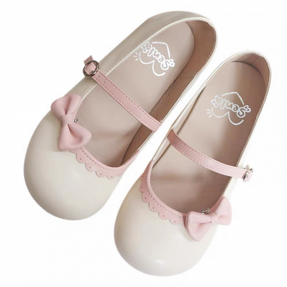 Shoes Bow Buckle Circle Lolita Beige Flat Pink with Toe Round Detachable Sweet