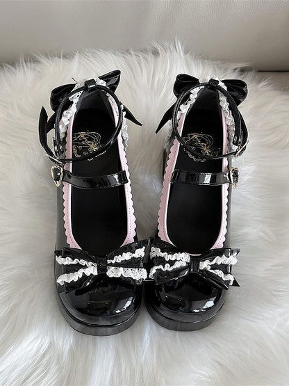 Design Black High Jane Block Heel Lolita Mary Hem with Shoes Elegant Scalloped