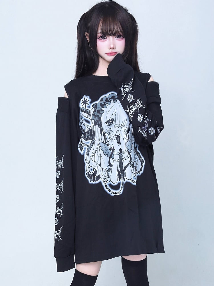 T-Shirt Jirai Kei Zipper Cartoon Shoulder Cutout Design Gray Print Long-Sleeve with Girl Black