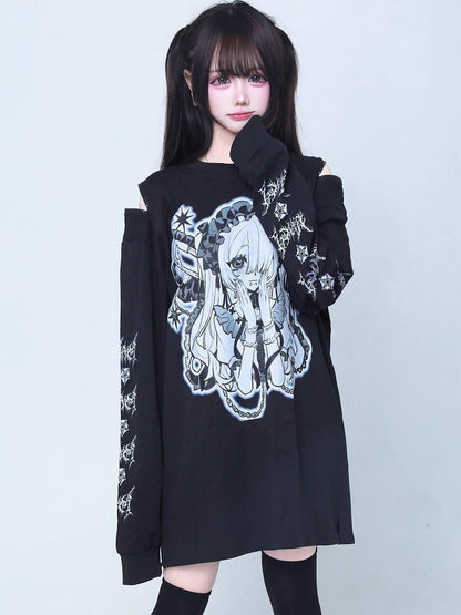 T-Shirt Jirai Kei Zipper Cartoon Shoulder Cutout Design Gray Print Long-Sleeve with Girl Black