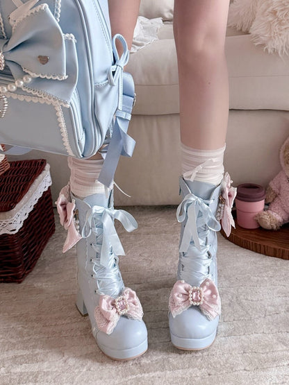Blue Sweet Lolita Boots with Rhinestone Accents - Sheep Puff