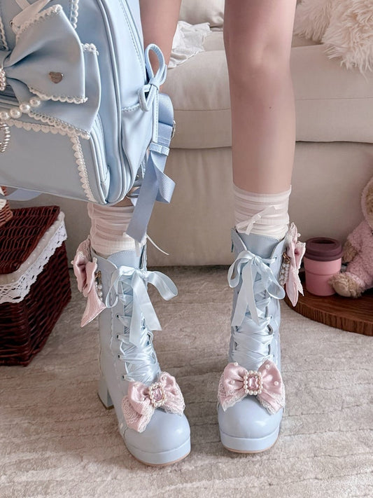Bottes bleues Sweet Lolita avec accents de strass - Sheep Puff