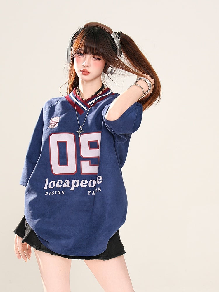 ゆったりTシャツ プリント スポーツ カーキ/ネイビーブルー プレッピースタイル Vネック ナンバー