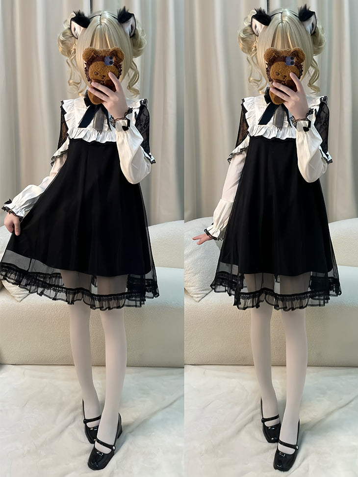 ジライケイ ブラック レースパッチ ショルダー メッシュオーバーレイ ロングスリーブ ドレス