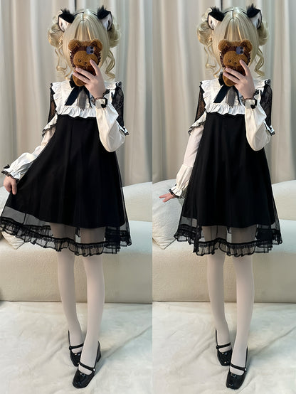 ジライケイ ブラック レースパッチ ショルダー メッシュオーバーレイ ロングスリーブ ドレス