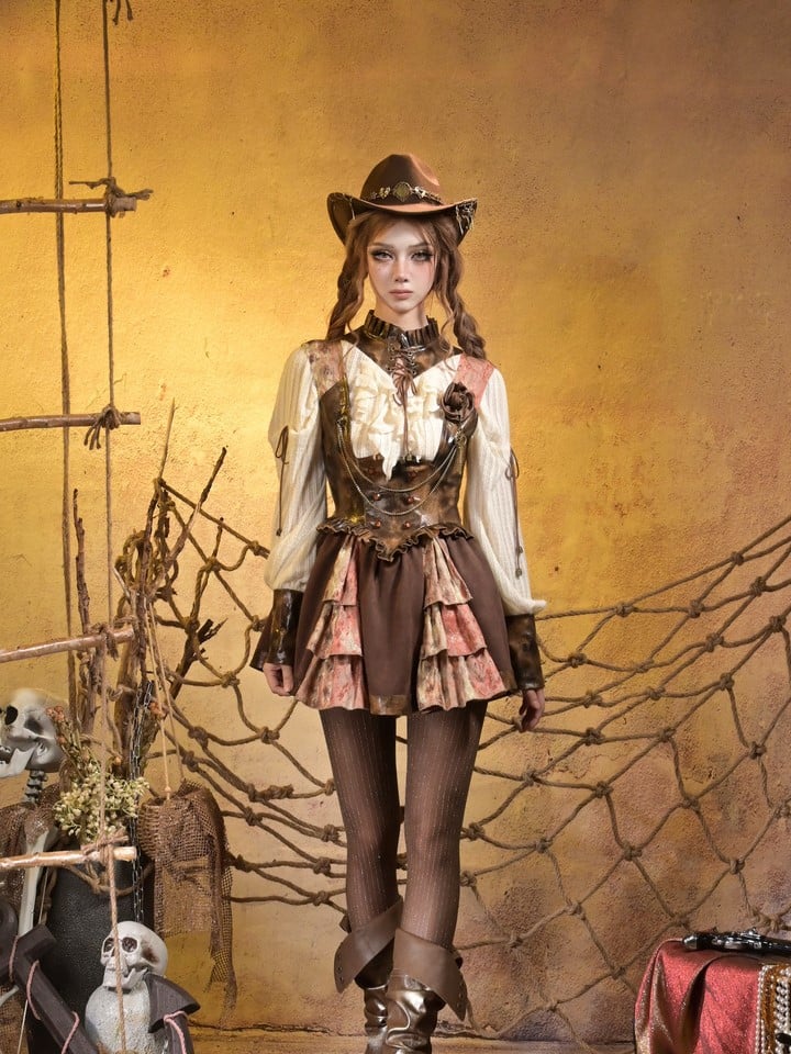 Lace Steampunk Suspender Orange Under-bust PU with Dress Brown Layers