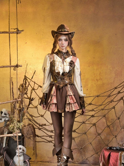 Lace Steampunk Suspender Orange Under-bust PU with Dress Brown Layers