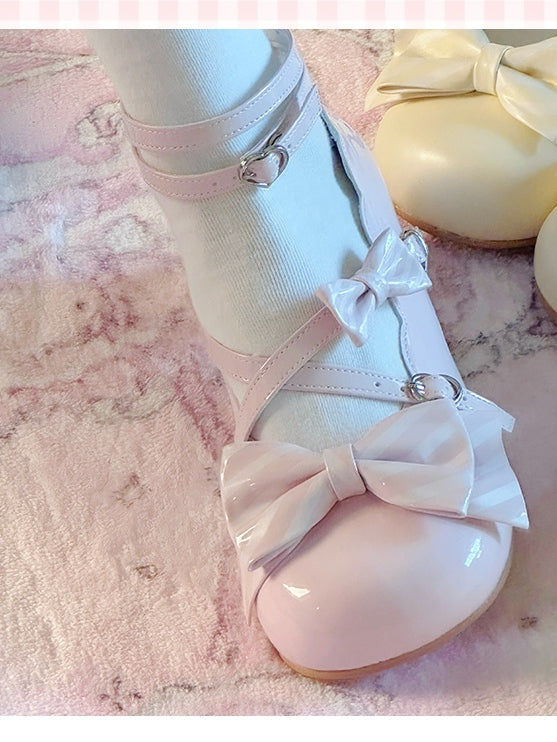 Heel Heart - Bows Light Pink Buckles Striped Lolita with Mid PU Shoes