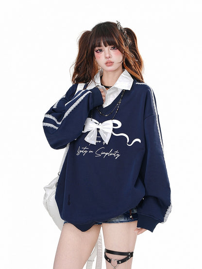 Marineblaues zweiteiliges Sweatshirt mit Polokragen und abnehmbarer Schleife