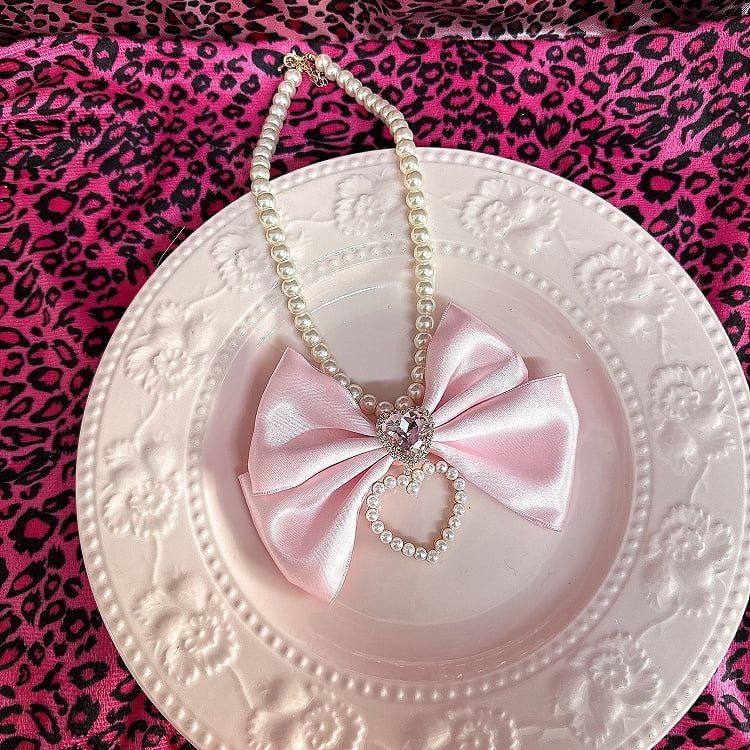 Pink/Rose Rhinestone Bow Red Gyaru Beaded Necklace Heart