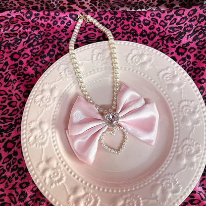 Pink/Rose Rhinestone Bow Red Gyaru Beaded Necklace Heart