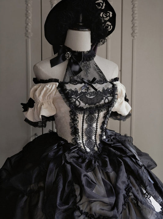 Sleeves Boned Corset Details Beige Neckline Lolita Embroidery Puff Black with Elegant Classic and Illusion Top Lace